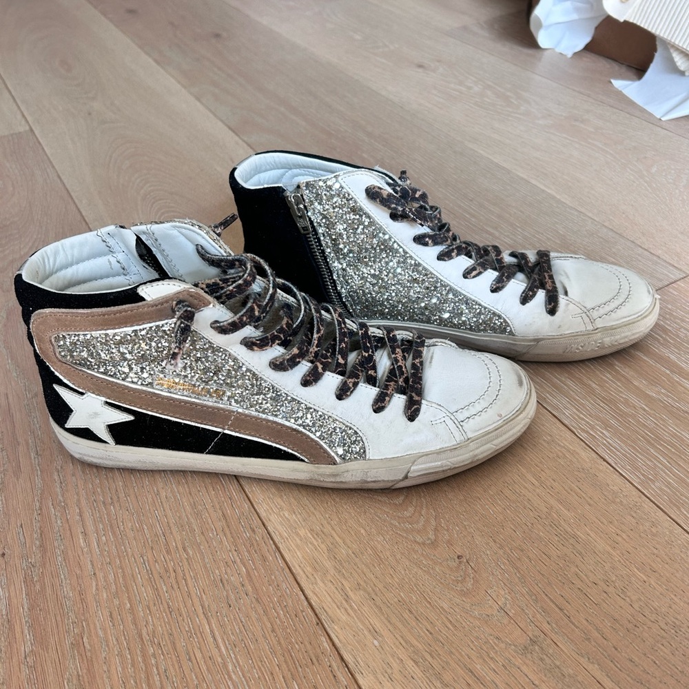 Golden Goose Mid Top Sneakers- black/silver/tan/leopard